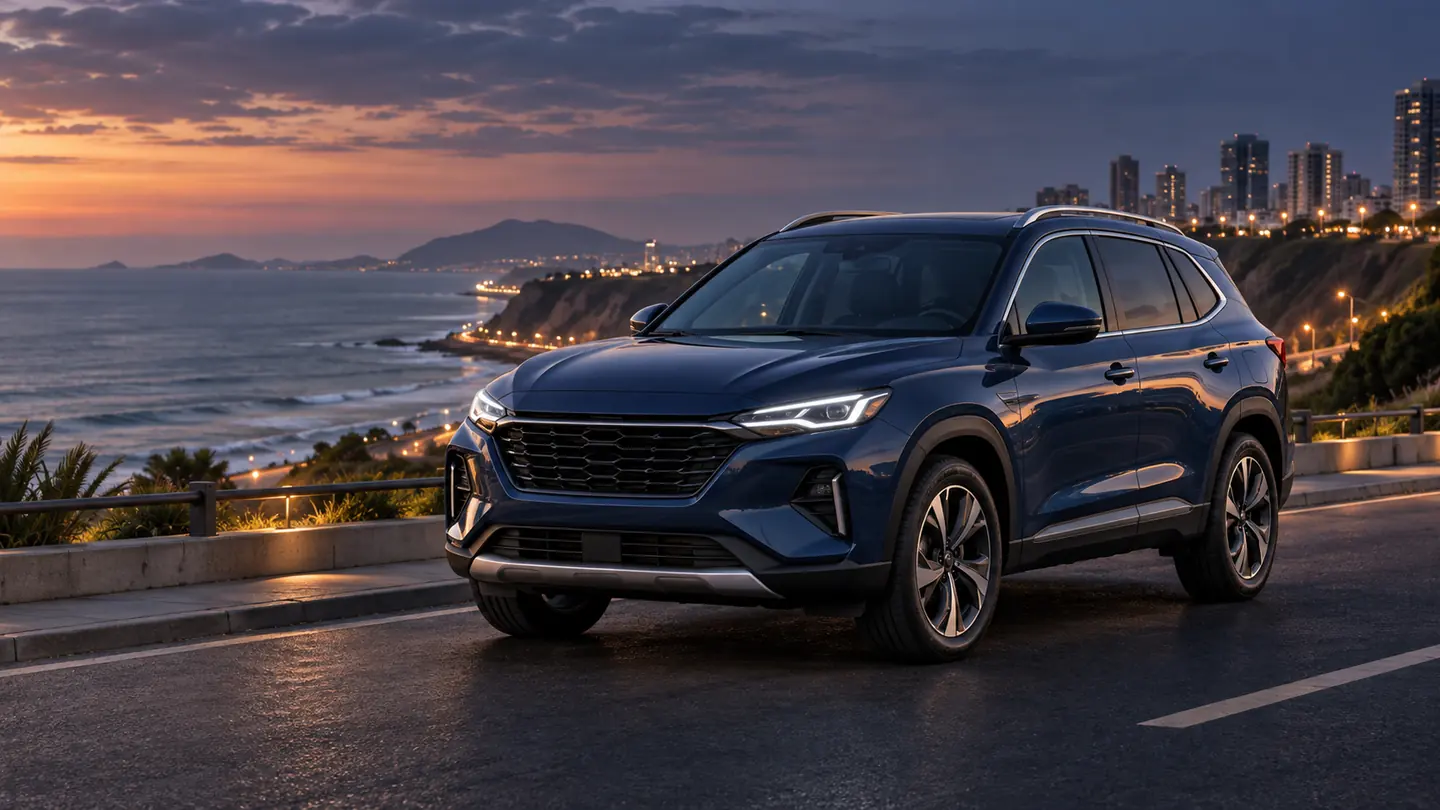 SUV azul frente a la costa al atardecer